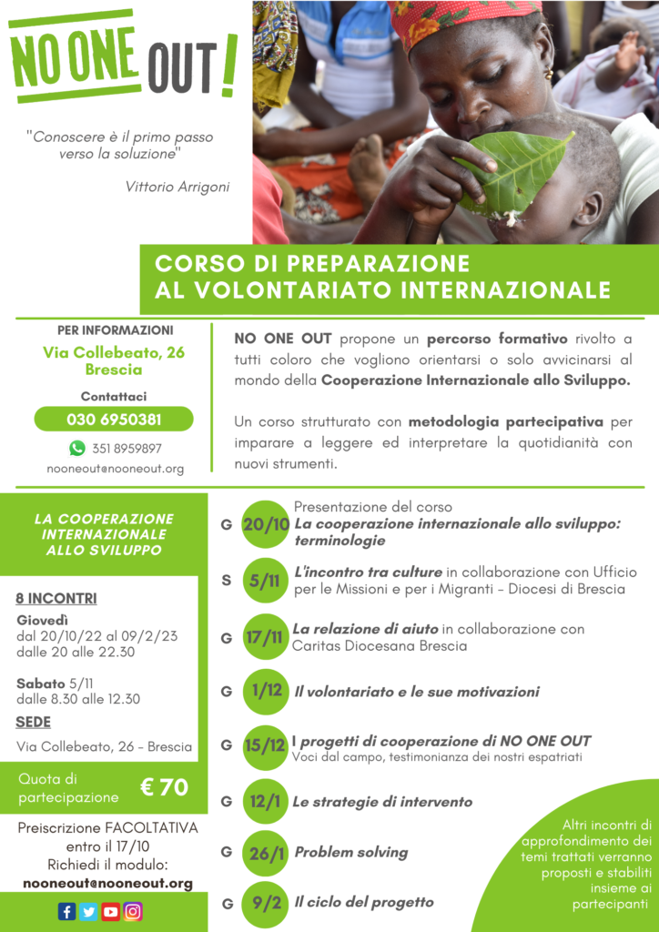 CORSO DI PREPARAZIONE AL VOLONTARIATO INTERNAZIONALE di NO ONE OUT