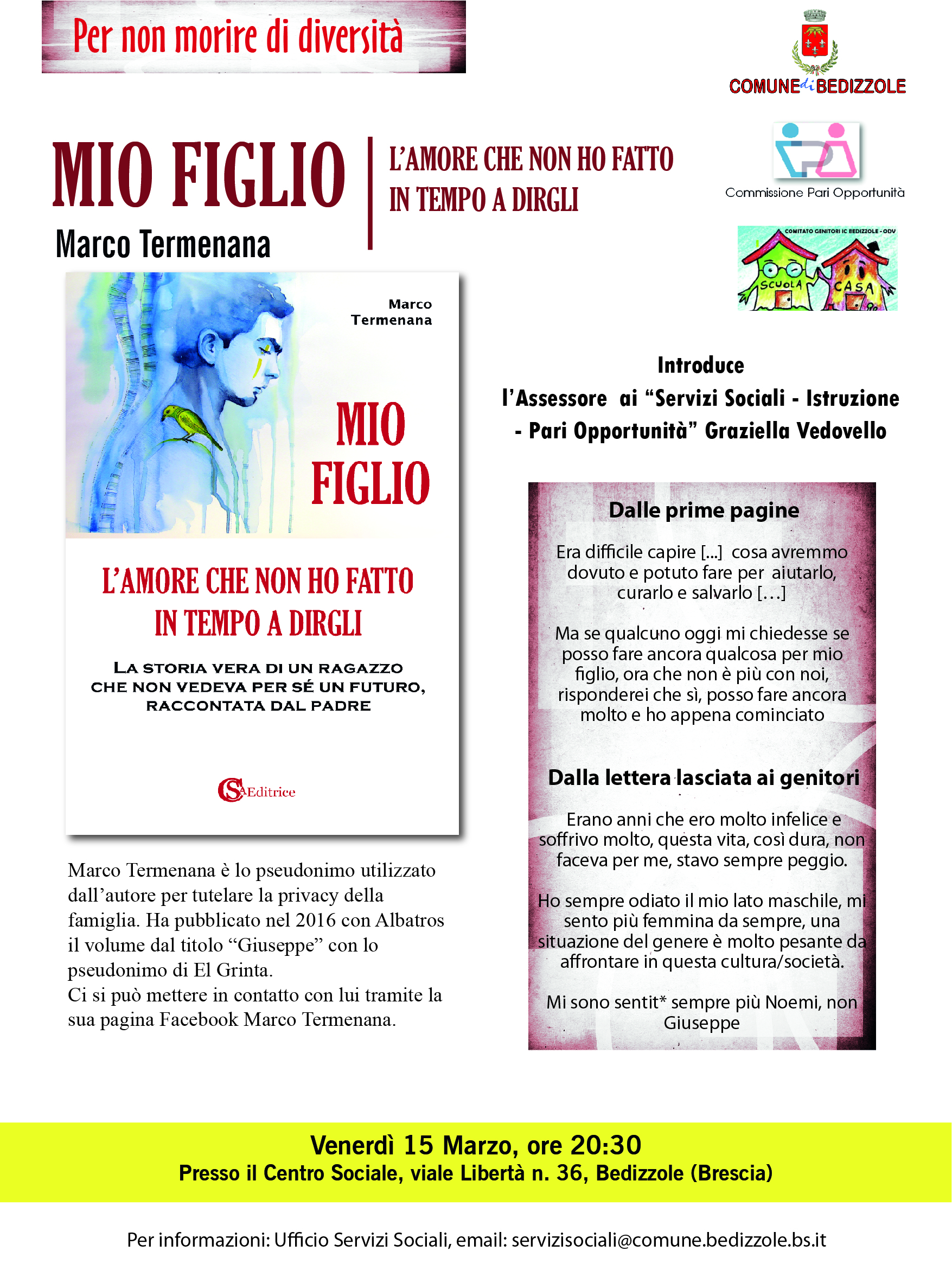 A Bedizzole arriva "Mio figlio. L'amore che non ho fatto in tempo a dirgli", un libro per riflettere sul disagio giovanile