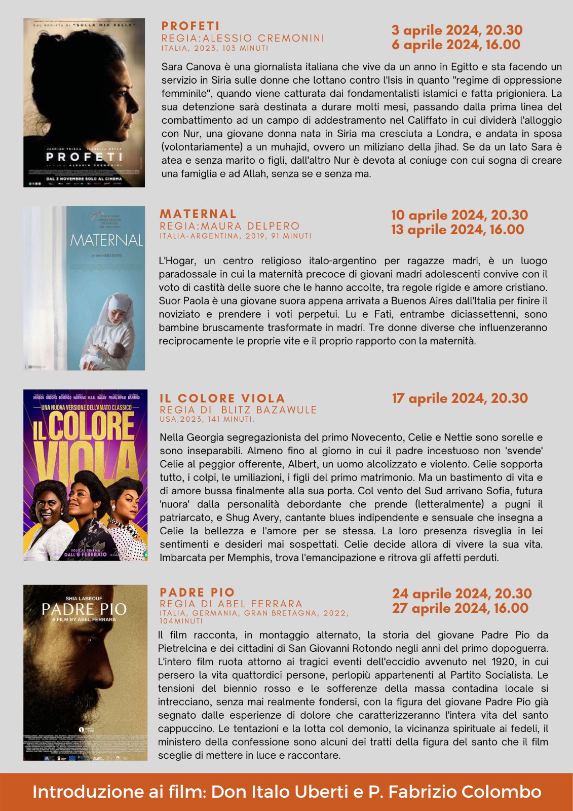 Cinema Sereno, il programma fino al 13 aprile